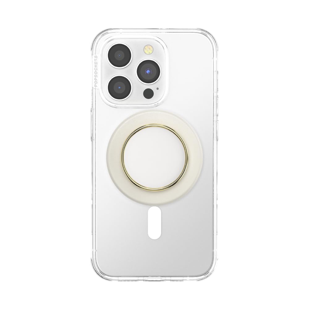 A smartphone with a clear case featuring a cream-colored PopSocket grip, highlighted by a sleek gold metallic rim, providing both elegance and secure handling for enhanced functionality.