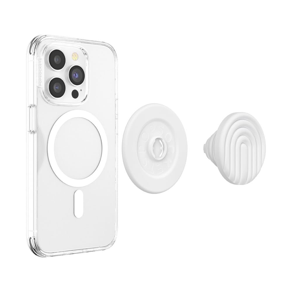 This image displays a clear iPhone case alongside a detachable white PopSocket with a minimal arch design. The components are separated to showcase the magnetic attachment mechanism, consisting of a white circular base and the PopSocket itself, which features a raised, textured design for grip and aesthetics. The sleek and neutral color scheme highlights the clean and functional design.