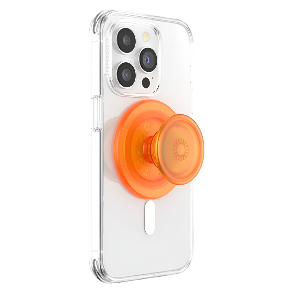 ALT: A PopSockets MagSafe PopGrip in the Orange Zest color is shown attached to a clear phone case on a smartphone. The PopGrip features a bright orange hue with a sunburst design, providing a secure and convenient hold for the device.