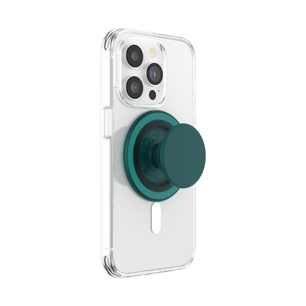 This image shows a clear MagSafe-compatible phone case with a **teal PopSocket** attached securely to the back. The PopSocket features a smooth, solid matte design and provides a stylish and functional grip for the phone.