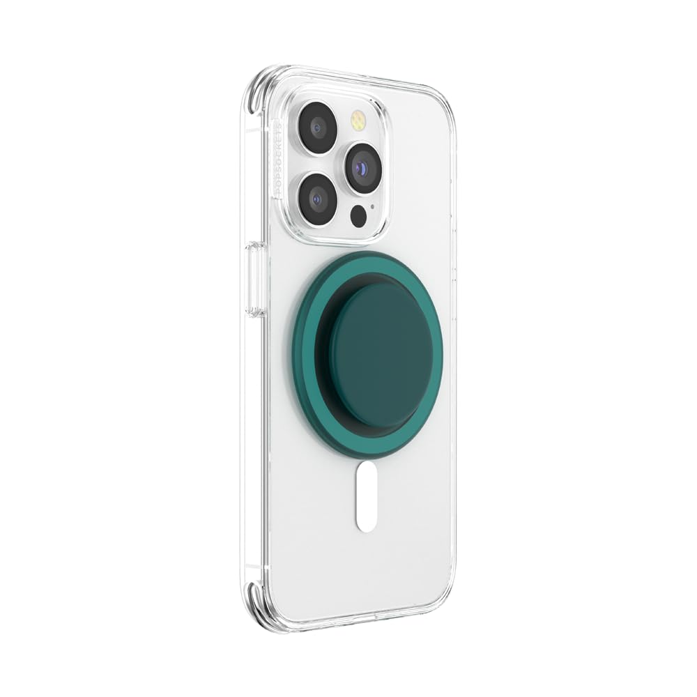 This image shows a clear MagSafe-compatible phone case with a **teal PopSocket** attached securely to the back. The PopSocket features a smooth, solid matte design and provides a stylish and functional grip for the phone.