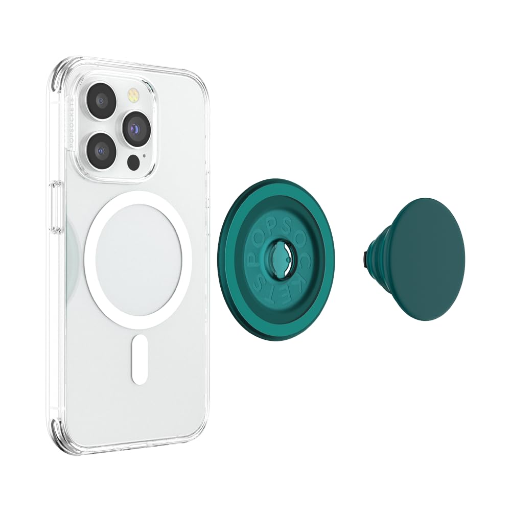 The image shows a **clear MagSafe-compatible phone case** with a **teal PopSocket** featuring a solid matte design, including a detachable magnetic base for easy attachment and grip.