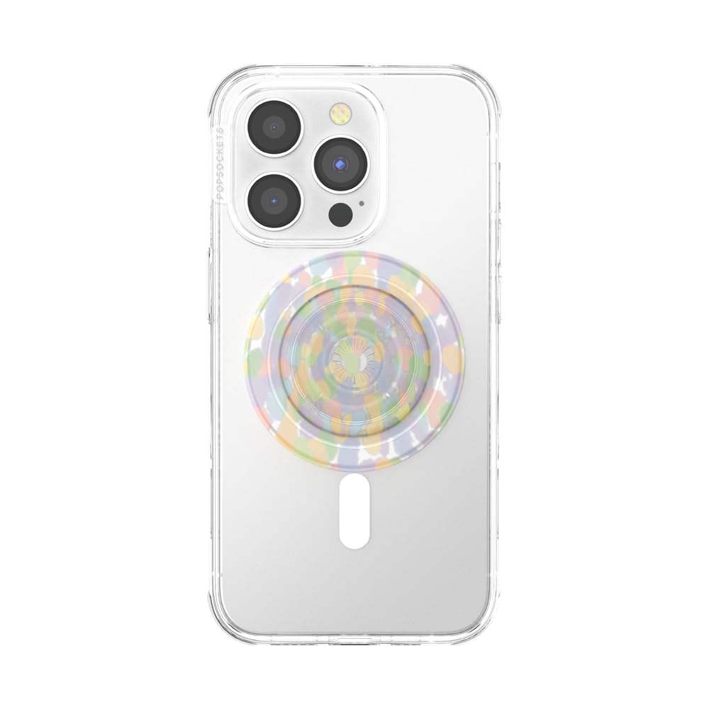 A smartphone in a clear protective case featuring a PopSocket grip with a transparent and colorful abstract pattern design, blending functionality and vibrant artistic aesthetics, perfectly suited for enhanced grip and visual appeal.