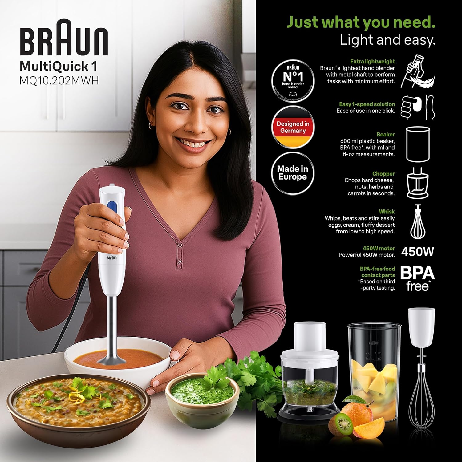 Braun MultiQuick 1 Hand Blender 450W with Beaker, Chopper, Whisk