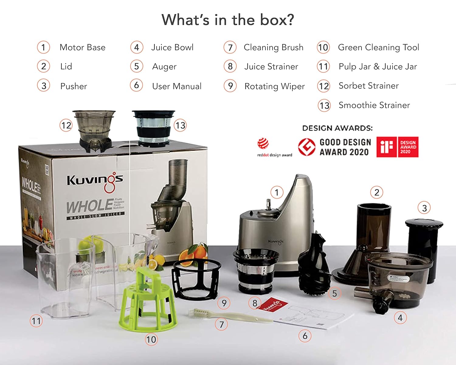 Kuvings B1700 Cold Press Slow Juicer with Sorbet and Smoothie Strainers
