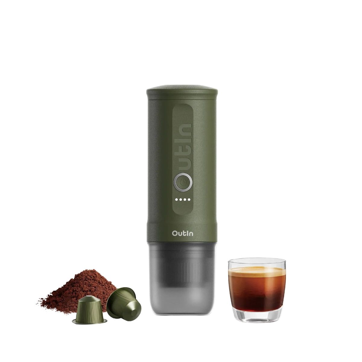 OutIn Nano Forest Green portable espresso machine with capsules, grounds and espresso