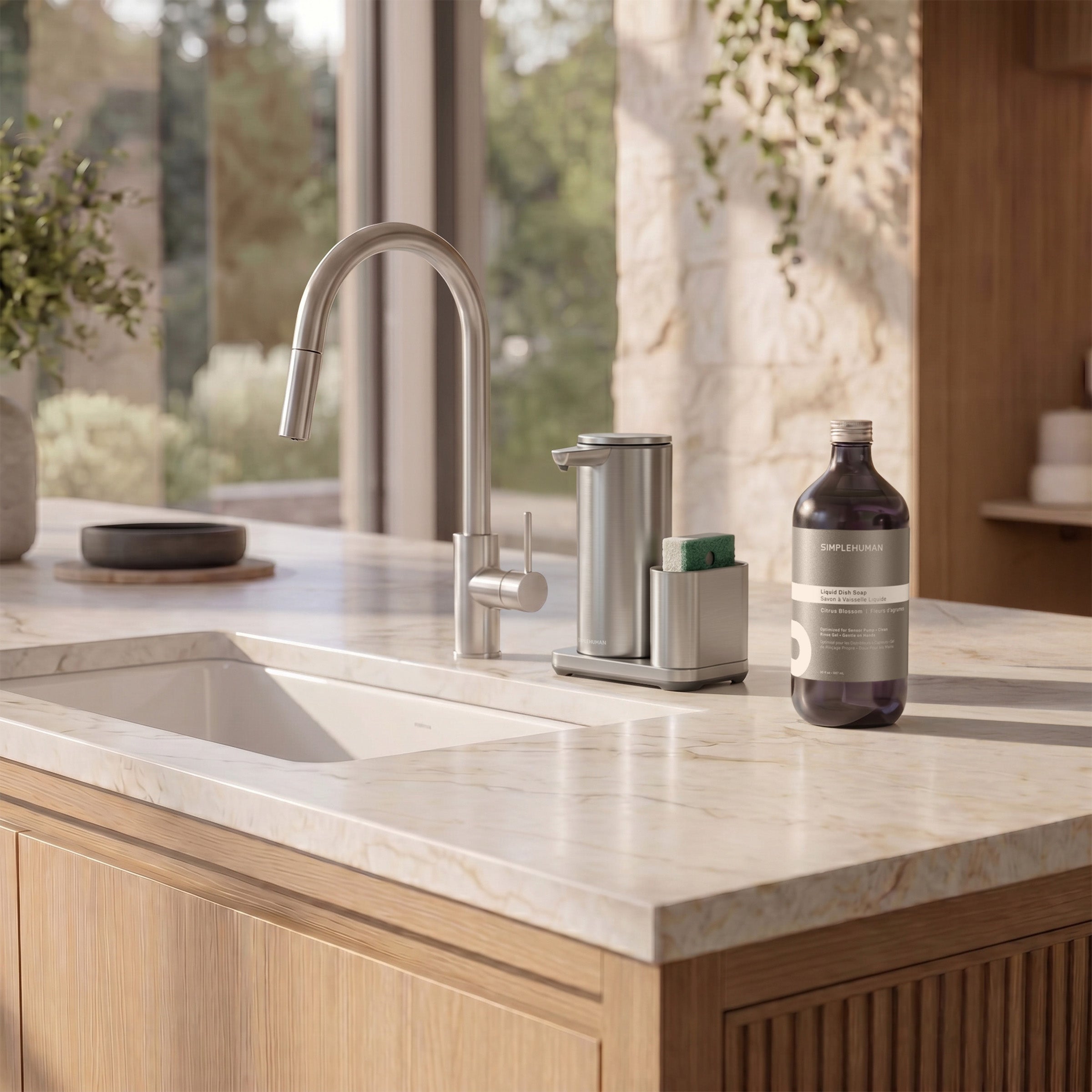 Sensor pump with caddy holding sponge and dish soap by the sink
