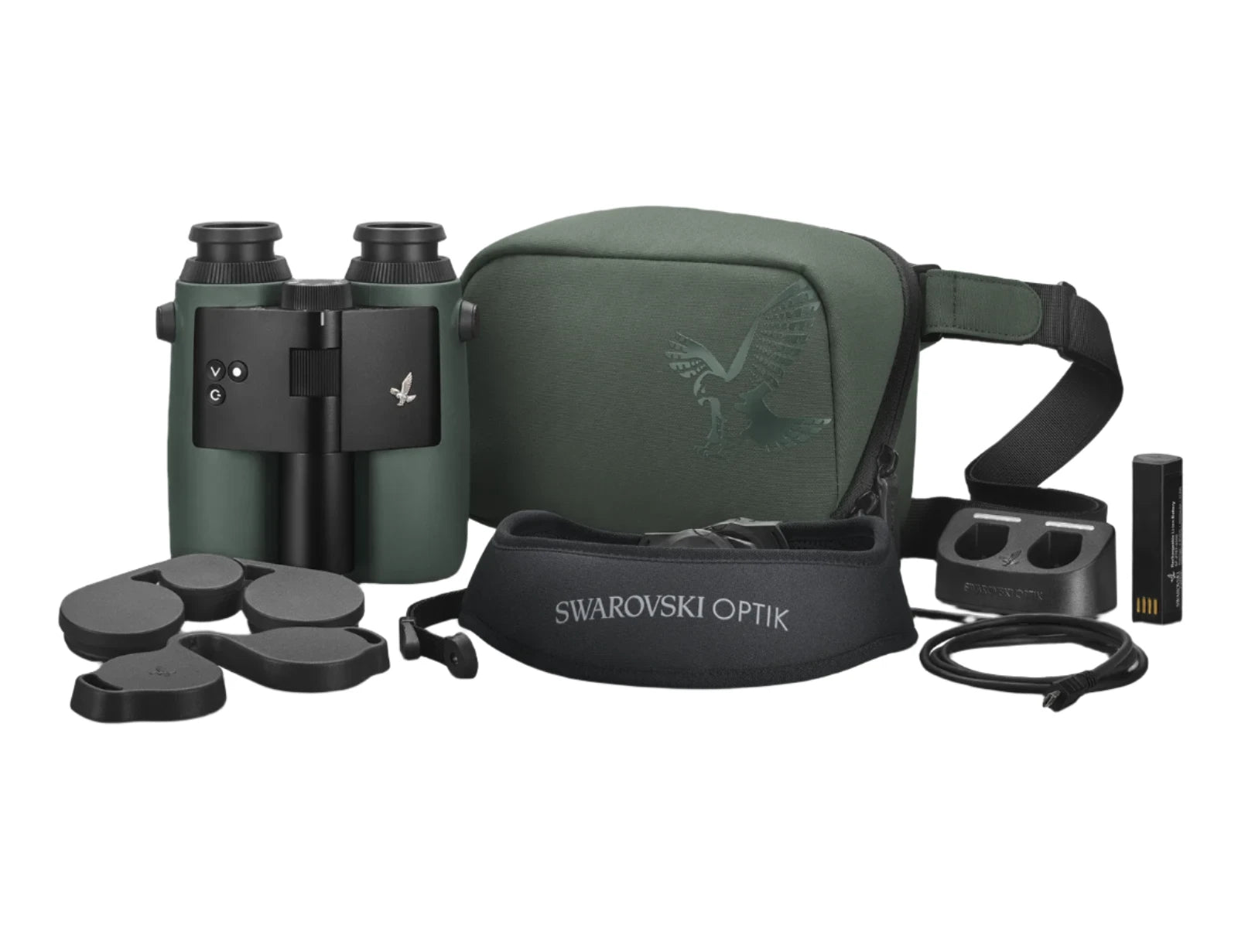 AX Visio smart binoculars with SWAROVISION technology, accompanied by accessories including lens covers, neck strap, charger, battery, and a green carrying case with Swarovski Optik branding.