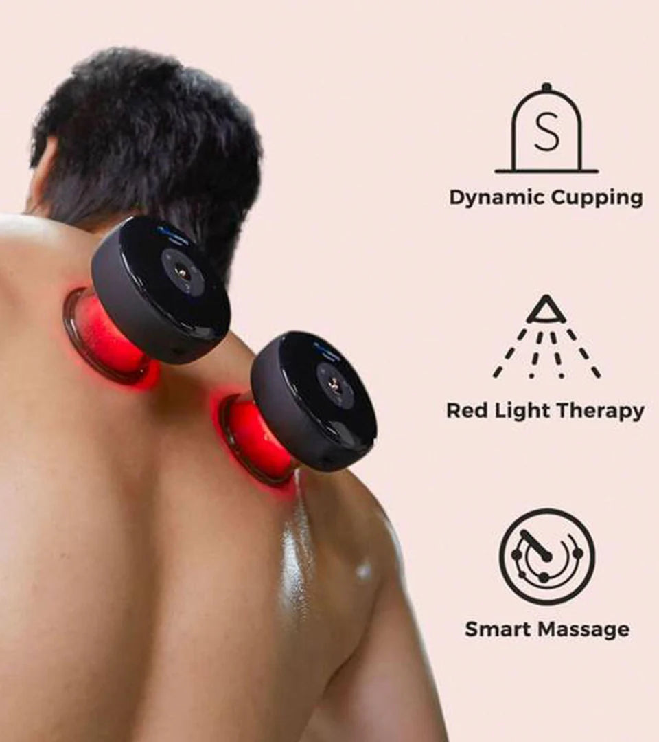 Person using two Achedaway Cupper devices on their upper back, emitting red light for therapy. The image highlights key features of the product, including dynamic cupping, red light therapy, and smart massage, represented by corresponding icons and text on the right side. The devices provide targeted muscle relief and relaxation.