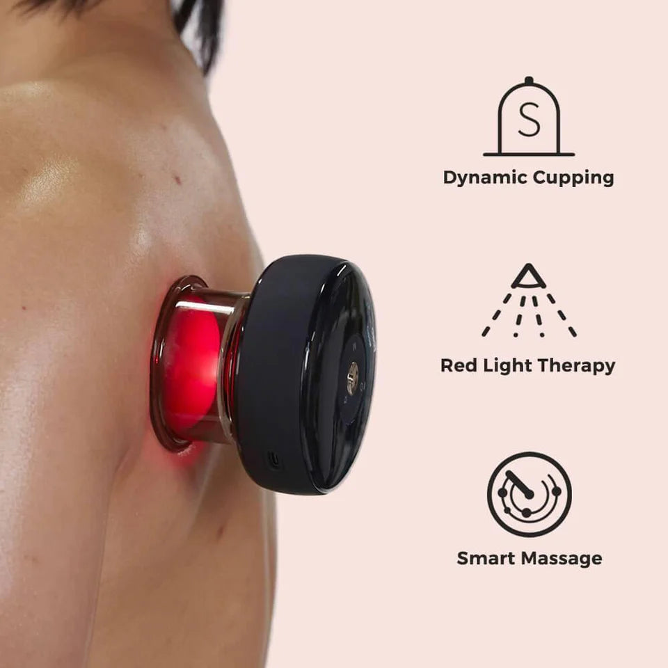 Achedaway Cupper device applied to a person's upper back, emitting red light for therapy. The image highlights key features of the device, including dynamic cupping, red light therapy, and smart massage, with corresponding icons and descriptions on the right side. The device is designed to provide muscle relaxation and pain relief through advanced therapy technology.