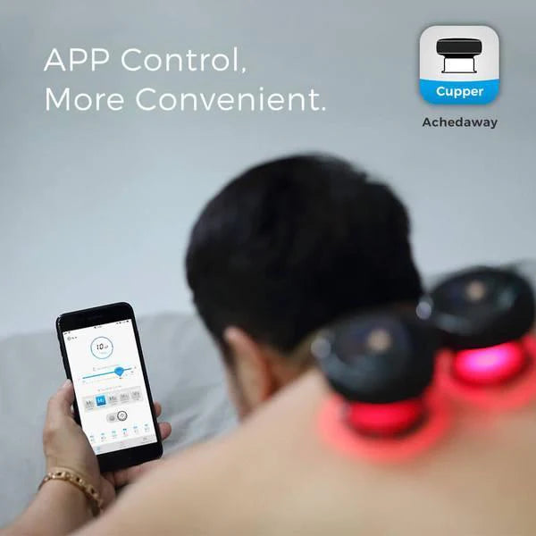 Person controlling two Achedaway Cupper devices applied to their upper back using a smartphone app. The devices emit red light for therapy, and the app interface on the phone displays adjustable settings. The text "APP Control, More Convenient" and the Achedaway Cupper logo emphasize the ease of use and smart features.