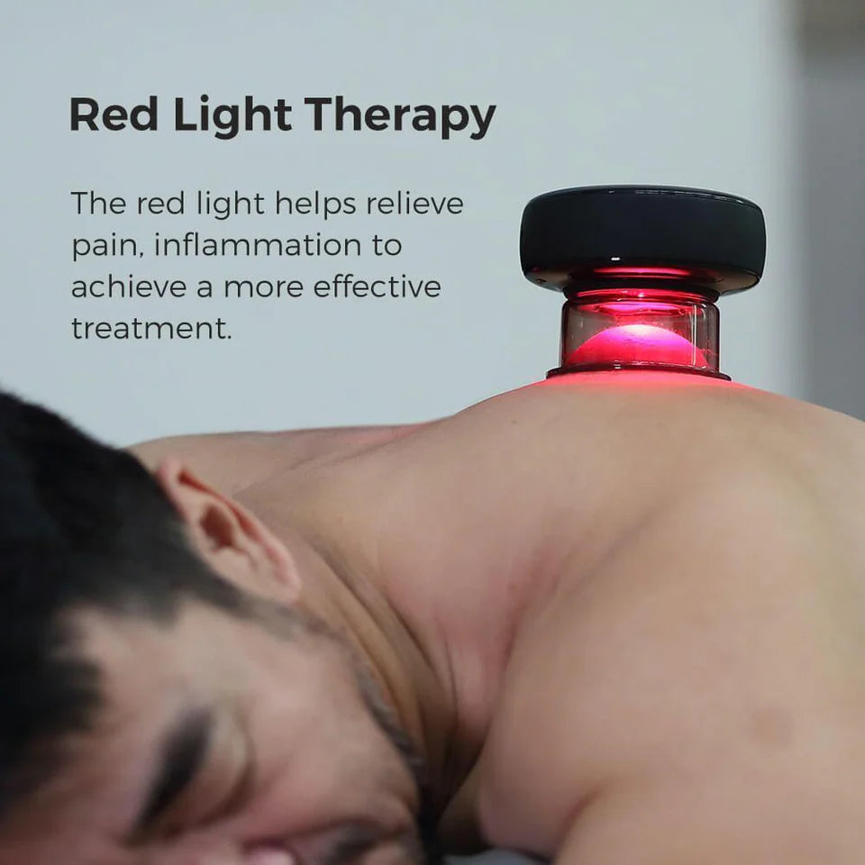 A person undergoing red light therapy with a black and transparent cupping device applied to their upper back. The device emits a glowing red light to help relieve pain and inflammation for more effective treatment. The text "Red Light Therapy" and a description of its benefits are displayed beside the image.