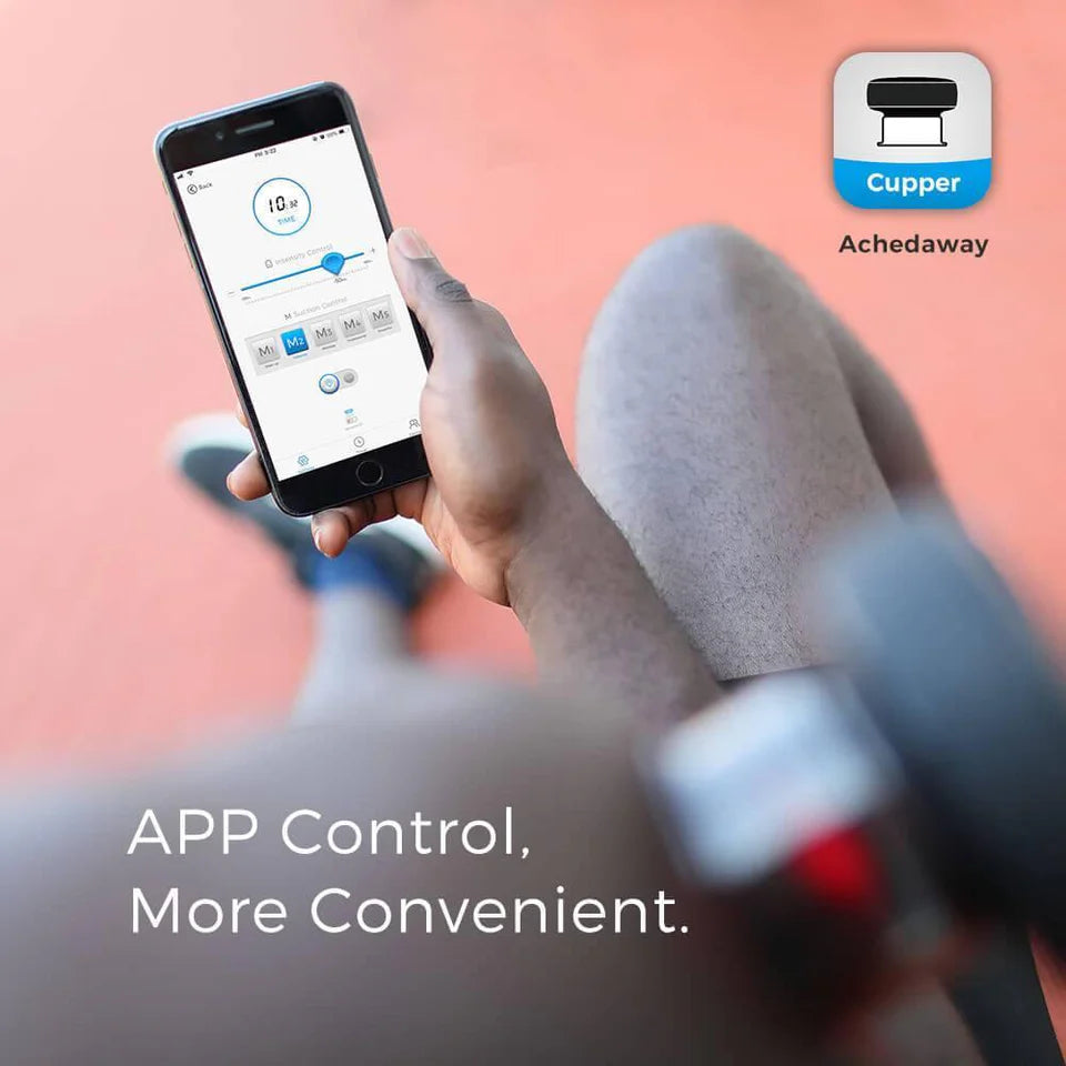 Person using a smartphone to control the Achedaway Cupper device via a dedicated app. The app interface displays adjustable settings for therapy sessions. The cupping device is applied to the person's leg, and the image emphasizes convenience with the text "APP Control, More Convenient." The Achedaway Cupper logo is displayed in the top right corner.