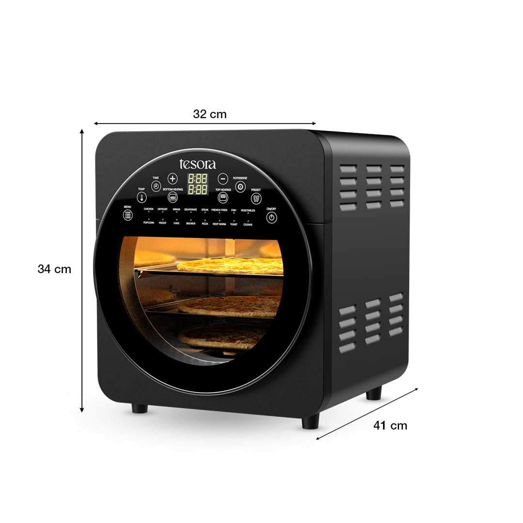 This image shows a Tesora air fryer with a circular digital display, dimensions indicated as 32 cm wide, 34 cm tall, and 41 cm deep. Inside the fryer, a pizza is cooking on a rack, highlighting the spacious interior. The design emphasizes its sleek, compact form, making it suitable for any kitchen setup while offering ample space for cooking large meals.