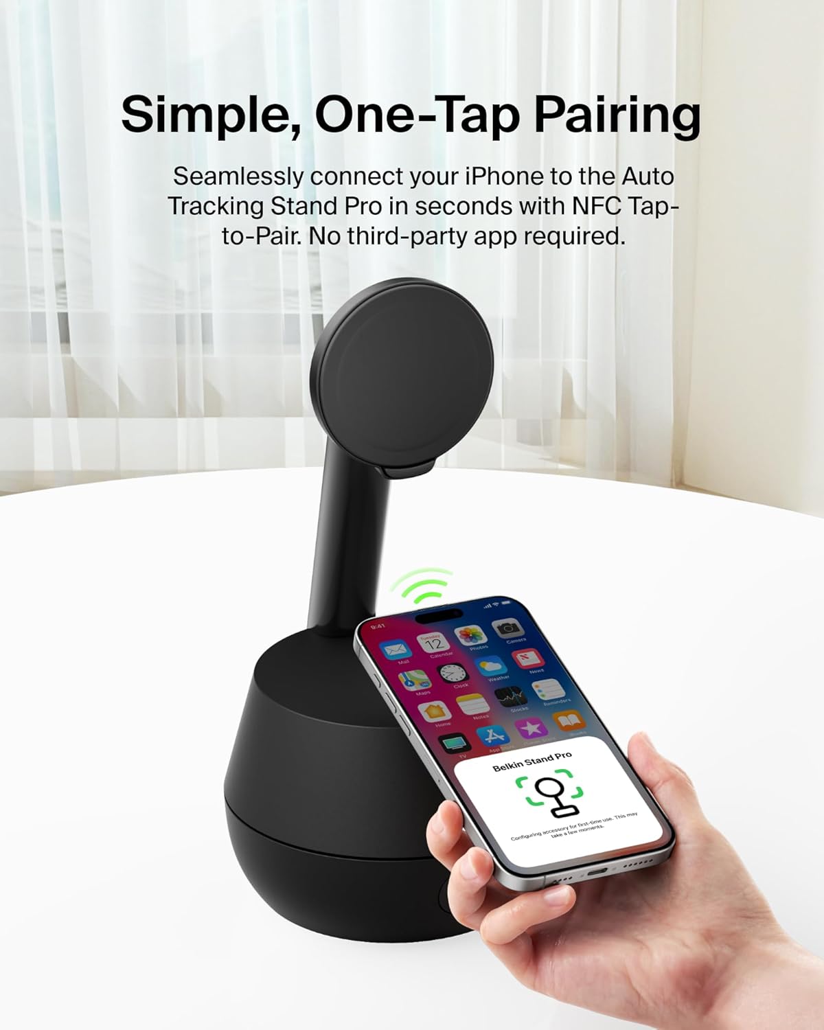 The Belkin Auto Tracking Stand Pro offers simple, one-tap pairing with NFC Tap-to-Pair for seamless iPhone connectivity, eliminating the need for third-party apps.