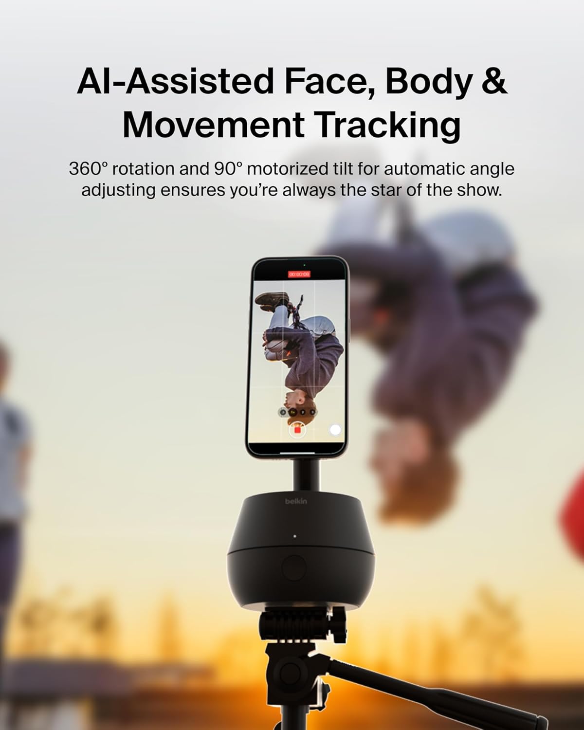 A Belkin device with AI-assisted face, body, and movement tracking offers 360° rotation and 90° motorized tilt for automatic angle adjustments, keeping the user in focus.