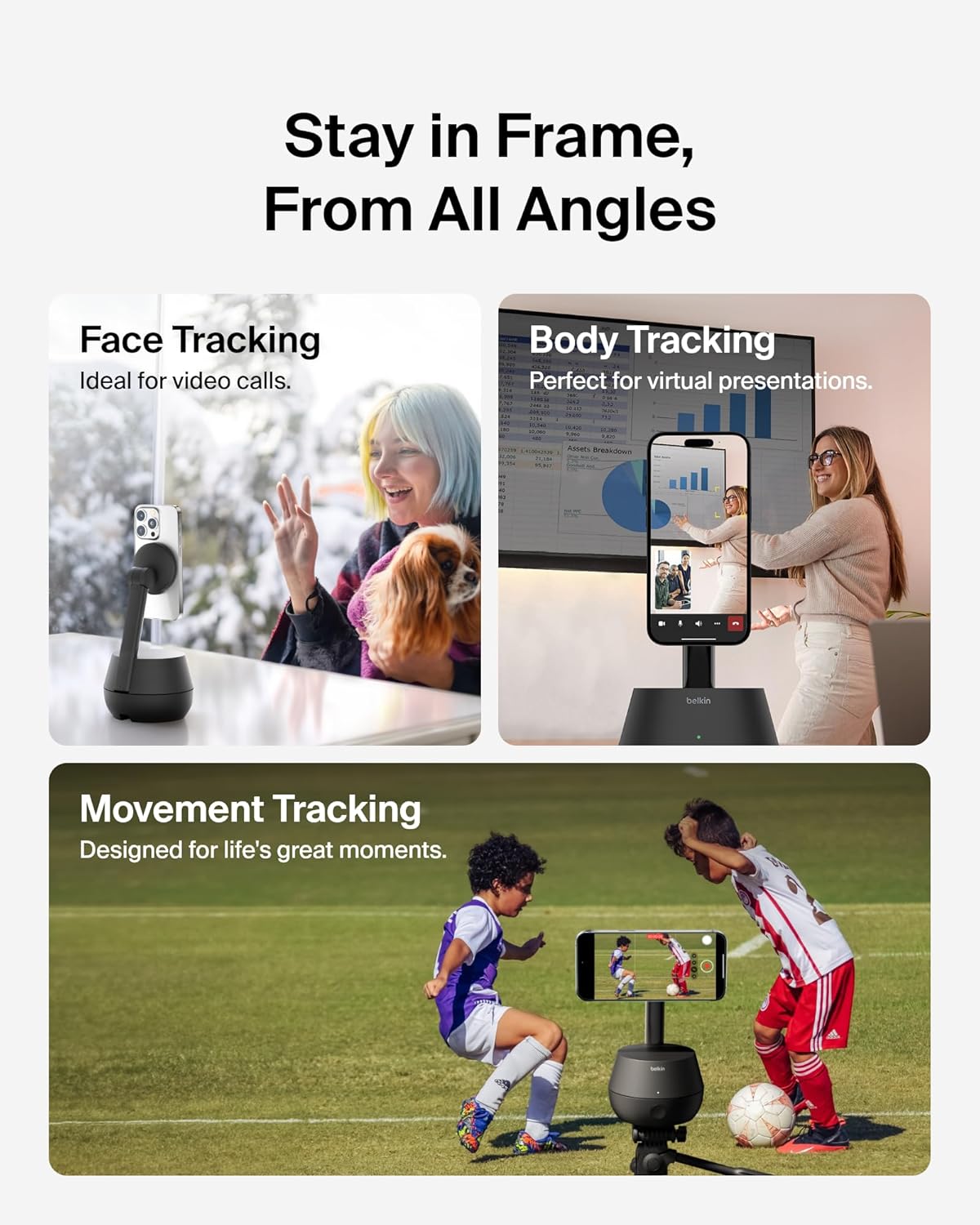 A Belkin device is showcased with face, body, and movement tracking features, ideal for video calls, virtual presentations, and dynamic activities like sports.