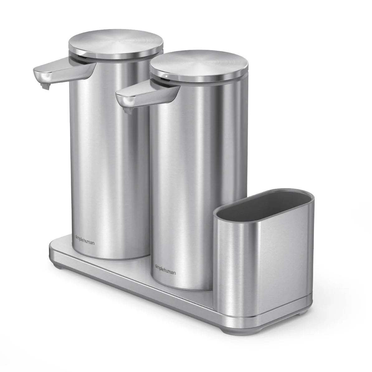  A stainless steel kitchen organizer set viewed from an angled perspective, featuring two cylindrical dispensers side by side on a sleek, rectangular base. Each dispenser has a spout extending outward for dispensing liquids. To the right of the dispensers, there is an attached compartment designed to hold a sponge or other small kitchen items. The set has a modern, brushed metal finish with the "Simplehuman" brand name subtly displayed near the base of each dispenser. The design is minimalist and functional