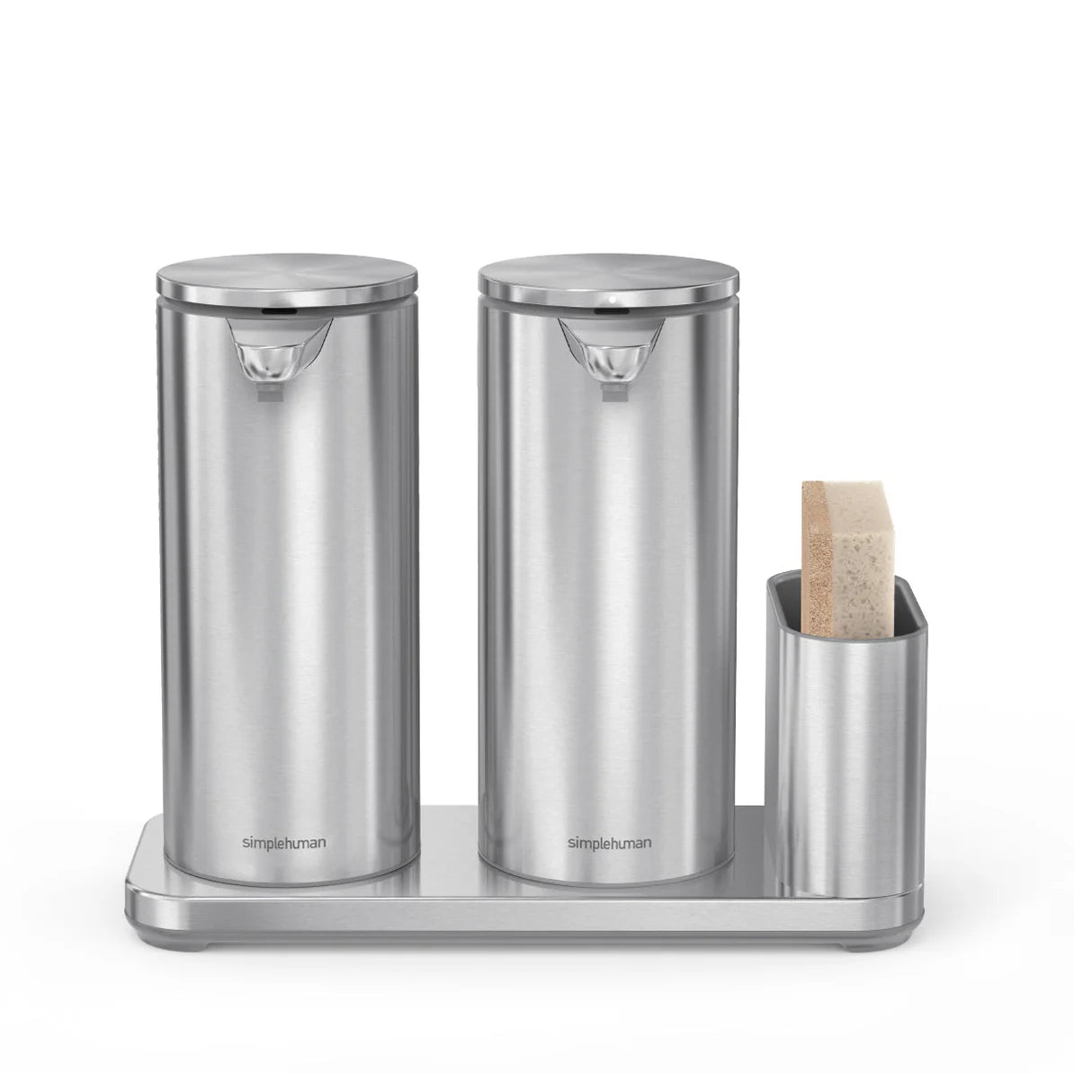  A stainless steel kitchen organizer set featuring two tall, cylindrical dispensers placed side by side on a rectangular base. Each dispenser has a spout at the top for dispensing liquid, such as soap or lotion. To the right of the dispensers, there is a compartment holding a sponge. The entire set has a sleek, brushed metal finish, giving it a modern and minimalist appearance. The brand name "Simplehuman" is subtly displayed on the front of the base below each dispenser.