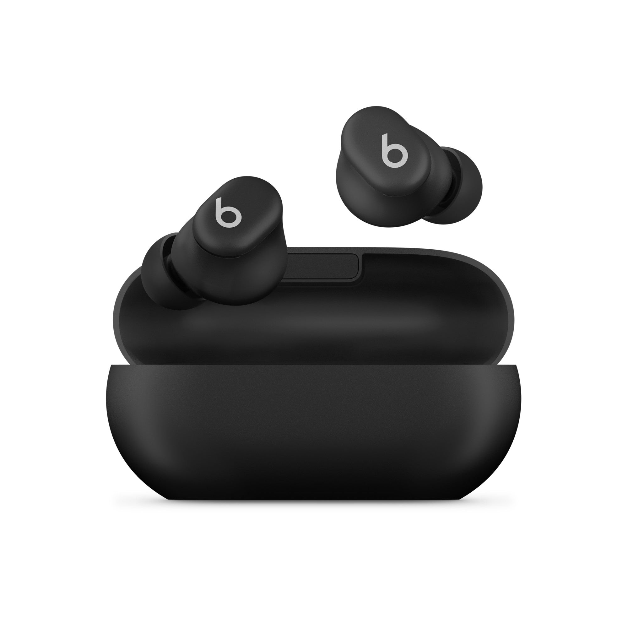 Wireless noise-canceling earbuds with charging case and black matte finish.