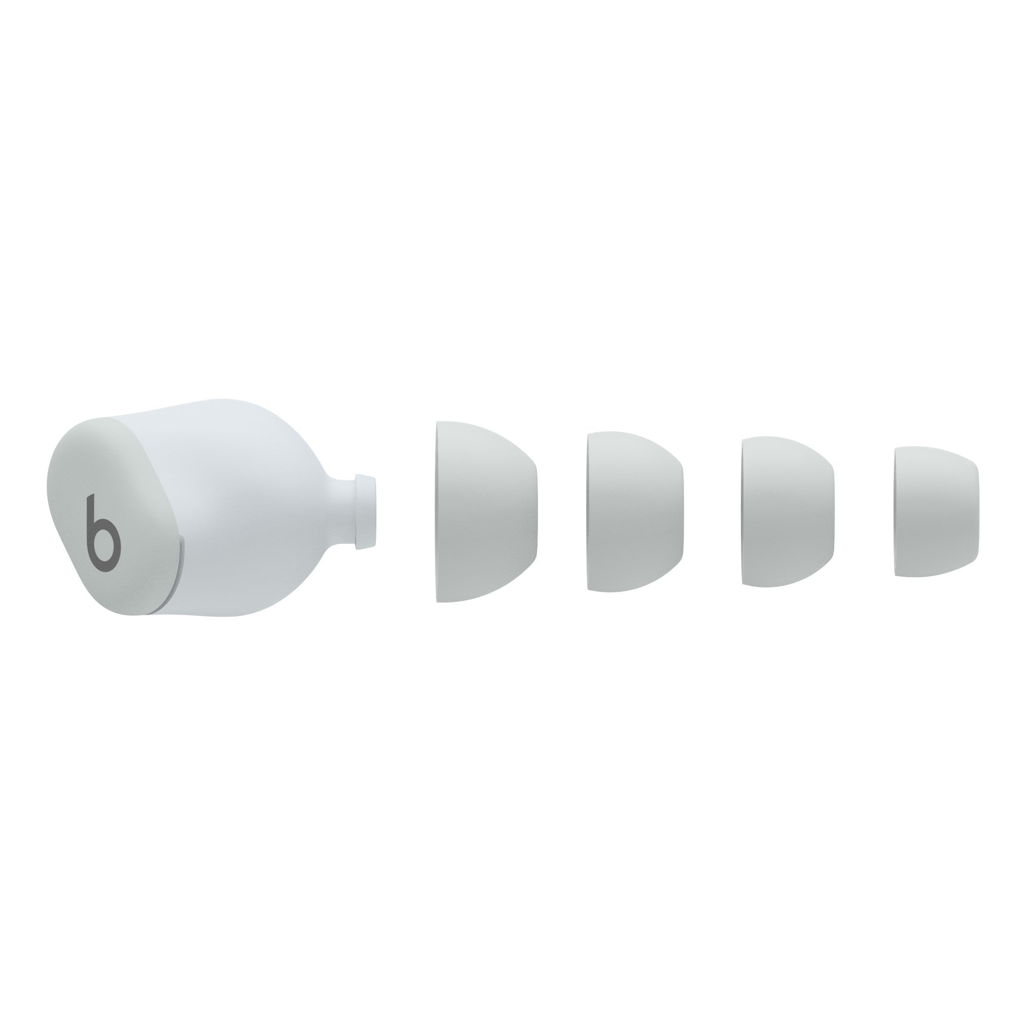 Wireless earbud with multiple ear tip sizes for customizable fit and white matte finish.