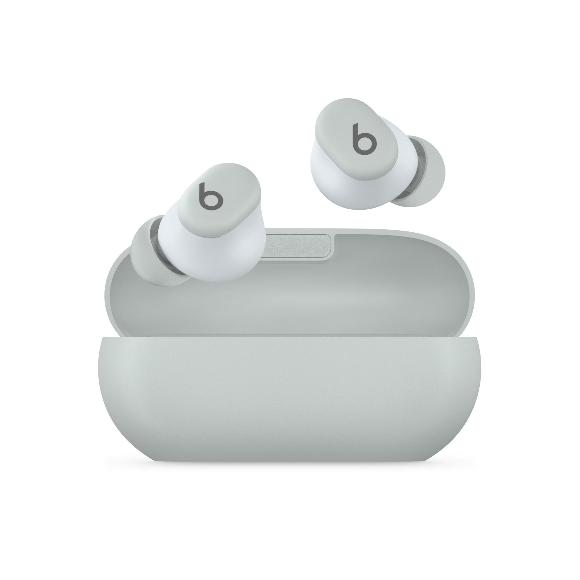 Wireless noise-canceling earbuds with charging case and sleek white matte design.