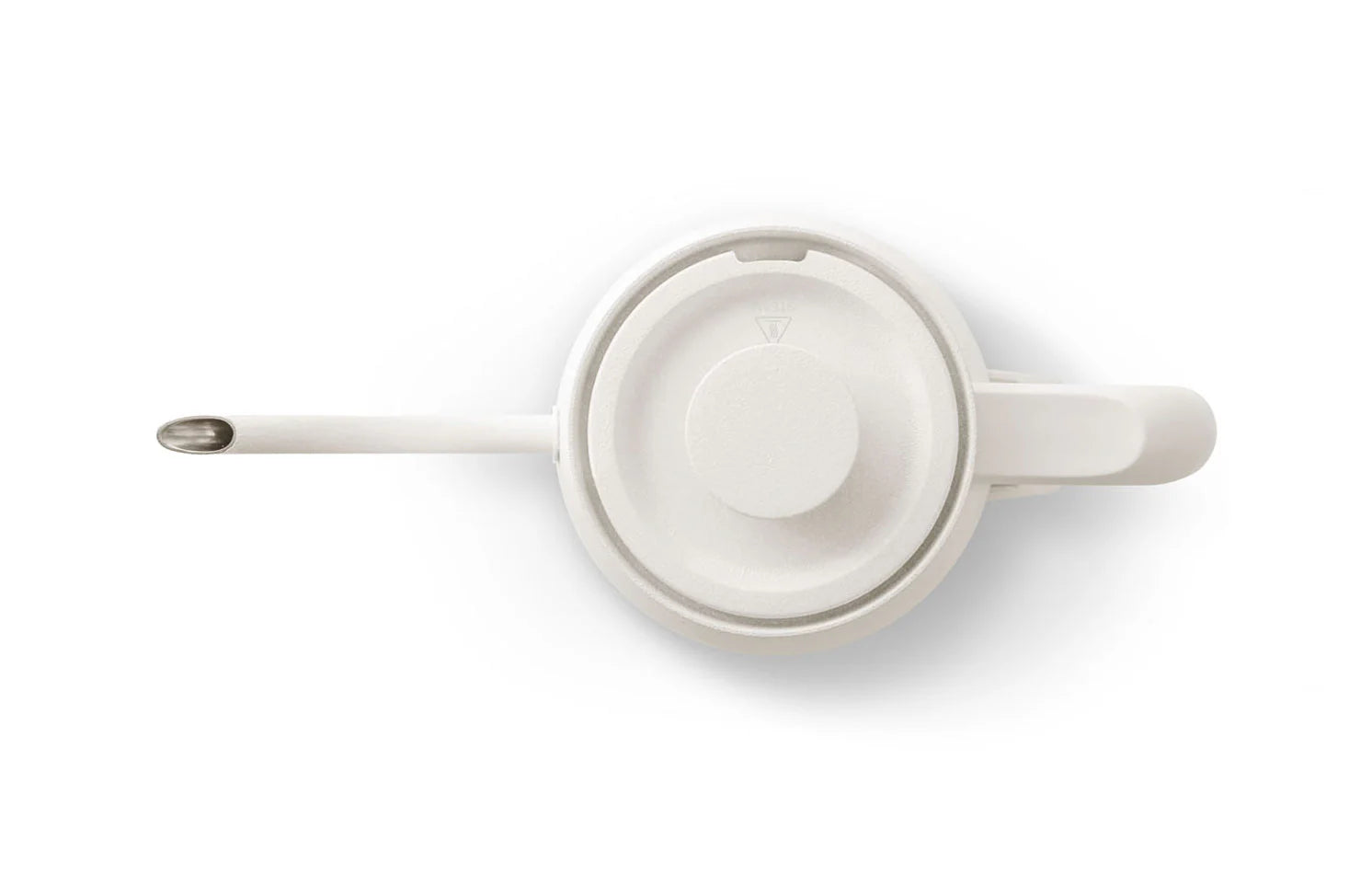 The image shows a top-down view of a Balmuda electric kettle in a matte white finish. The design is minimalistic, with the circular lid centered in the image, flanked by the long, curved spout on the left and the straight handle on the right