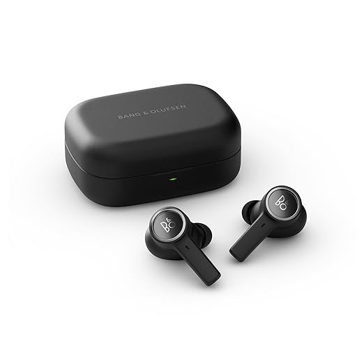 Bang & Olufsen wireless earbuds in black with a matching charging case, featuring teal accents on the earbuds.