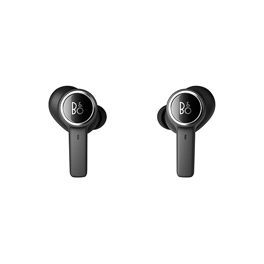 Bang & Olufsen wireless earbuds in a sleek black design with silver accents and the B&O logo on each earbud.