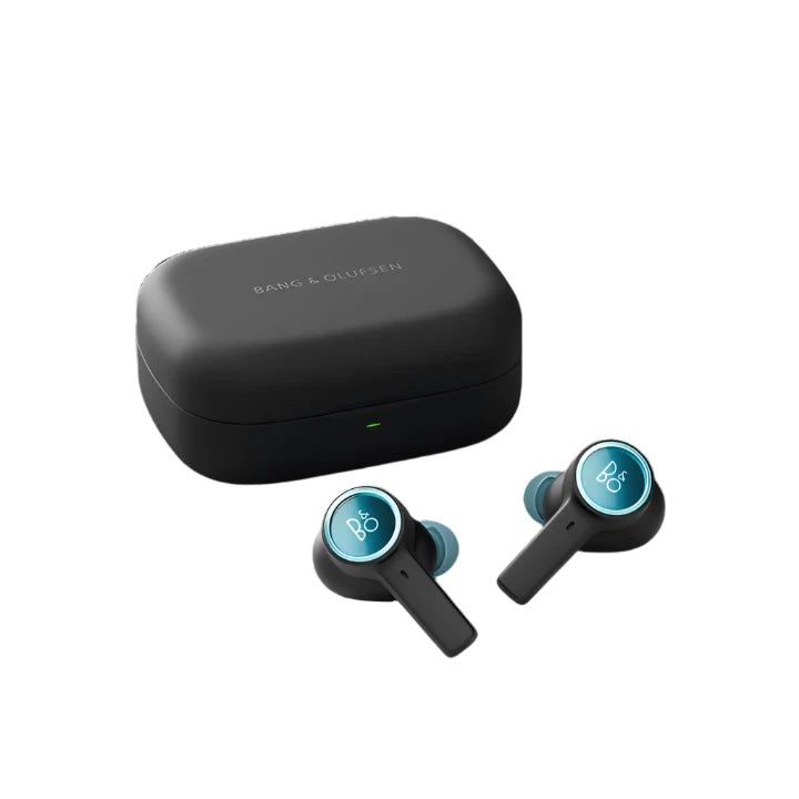 Bang & Olufsen wireless earbuds in black with a matching charging case, featuring teal accents on the earbuds.