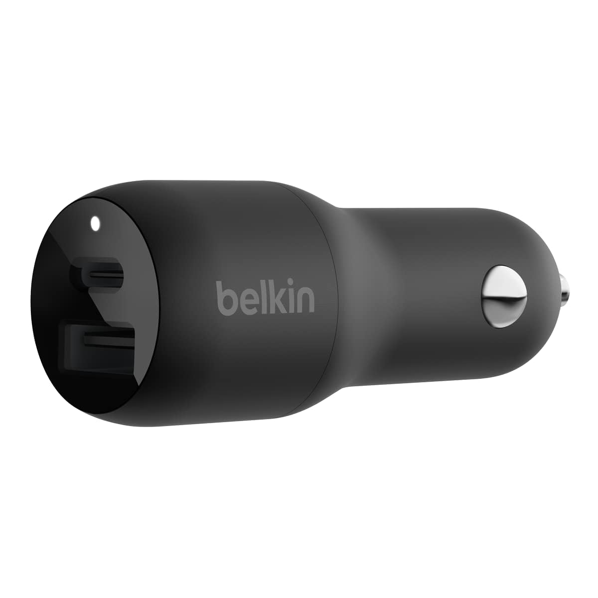 Belkin dual-port USB car charger with 42W output and fast-charging capability for multiple devices.