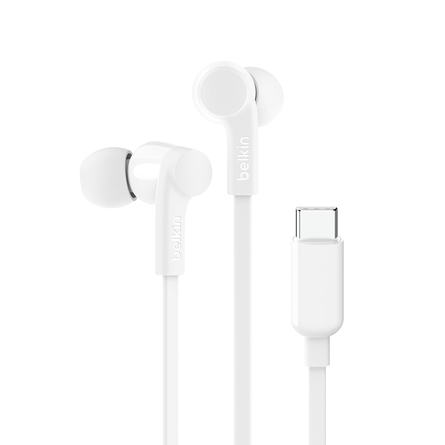 The image shows a pair of Belkin USB-C wired earphones in white. The design features in-ear buds with a sleek, minimalist look. These earphones are compatible with devices that have a USB-C port, eliminating the need for adapters and offering a seamless, high-quality listening experience. The ear tips are designed for comfort, providing a secure fit for noise isolation.