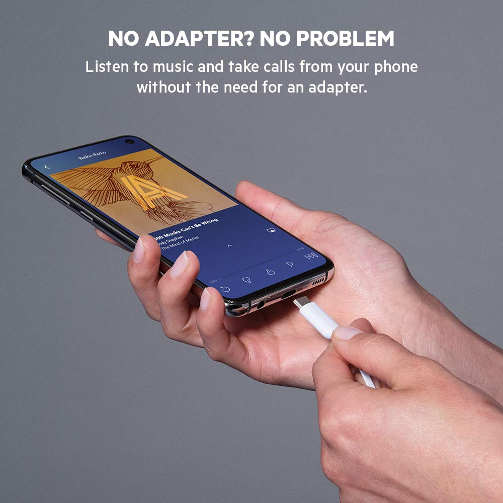 The image shows a person plugging a USB-C earphone directly into a smartphone, with the text reading: "NO ADAPTER? NO PROBLEM." It emphasizes the convenience of listening to music and taking calls without the need for an adapter. This highlights the ease of use and compatibility of the earphones with devices that feature a USB-C port, eliminating the extra step of using adapters.