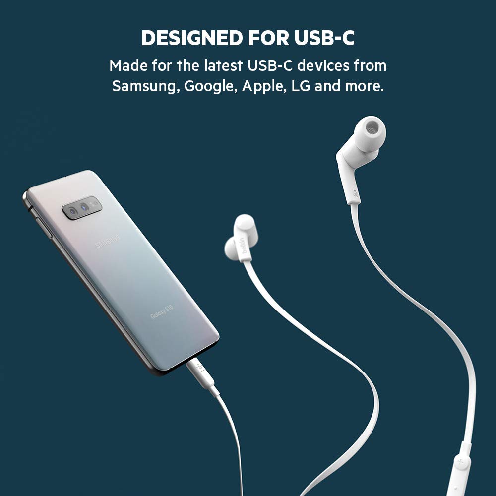 The image showcases white earphones connected to a smartphone via a USB-C port. The text on the image states: "DESIGNED FOR USB-C" and emphasizes that these earphones are compatible with the latest USB-C devices, including those from Samsung, Google, Apple, LG, and more. This highlights the earphones' broad compatibility and convenience for modern devices that utilize USB-C connections.