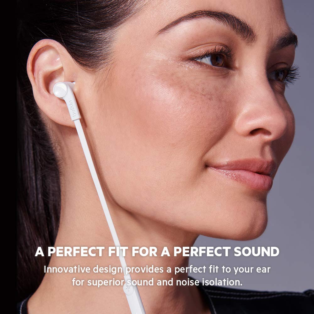 The image shows a woman wearing white earphones with a caption that reads: "A Perfect Fit for a Perfect Sound." The earphones have an ergonomic design, which provides a comfortable fit, ensuring superior sound quality and effective noise isolation. The image highlights the innovative design that contributes to the snug fit and optimal listening experience.