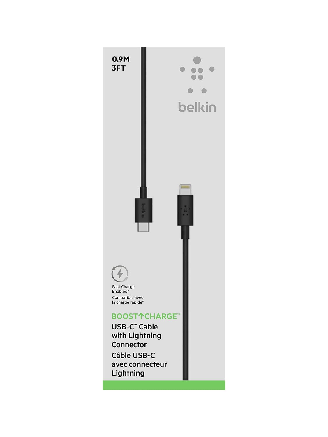 Belkin Boost Charge 0.9m (3 ft) USB-C to Lightning cable, supporting fast charging and syncing for Apple devices.
