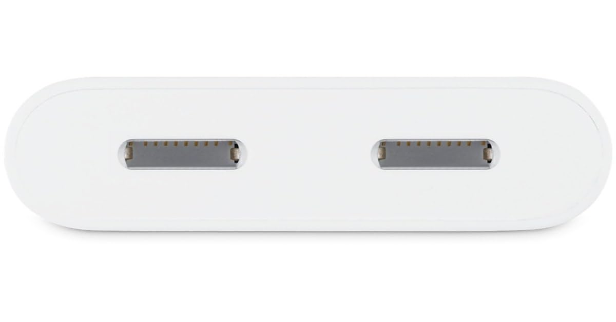 Belkin dual Lightning port adapter, designed for simultaneous charging and audio output on Apple devices.