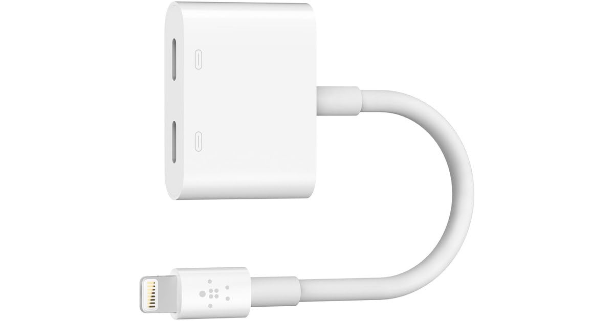 Belkin dual Lightning audio and charging adapter, allowing simultaneous charging and listening with two Lightning ports for Apple devices.