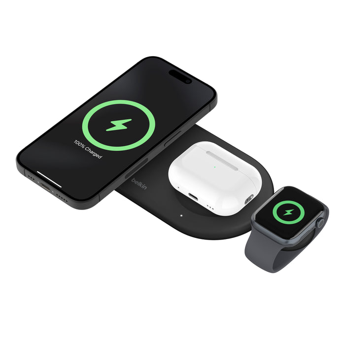 Belkin 3-in-1 wireless charging pad in black, efficiently charging iPhone, AirPods, and Apple Watch simultaneously.