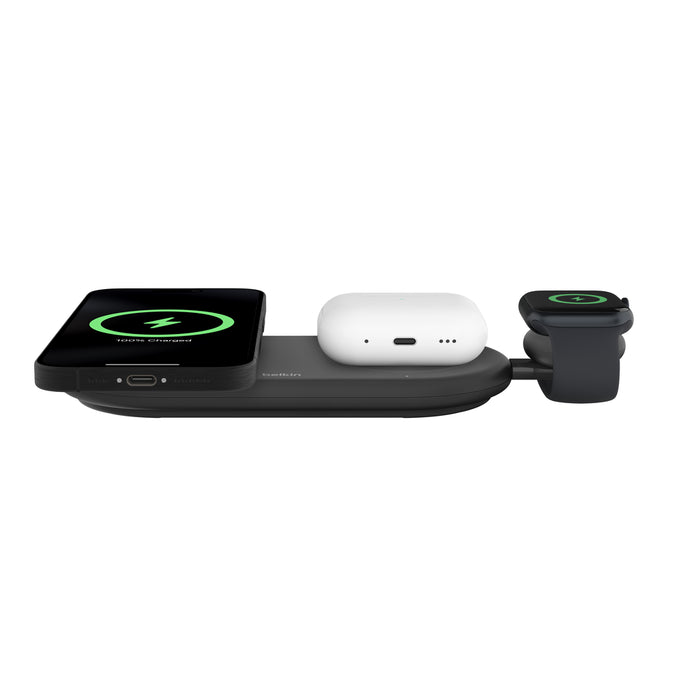 Belkin 3-in-1 wireless charging pad in black, charging iPhone, AirPods, and Apple Watch simultaneously, with detachable Apple Watch charger.