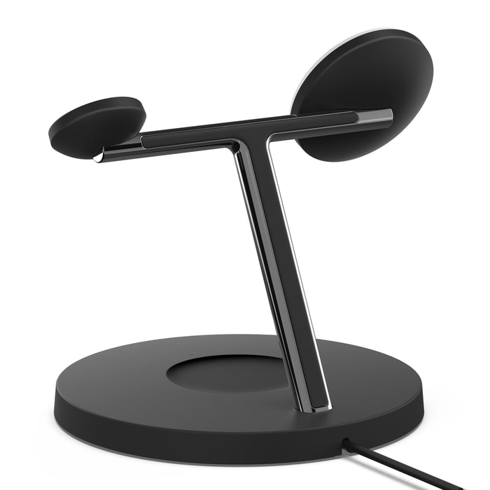 This is the Belkin 3-in-1 Wireless Charging Stand in black, featuring a sleek and minimalist design. It is optimized for MagSafe-enabled iPhones, Apple Watches, and AirPods, providing simultaneous wireless charging with modern aesthetics.