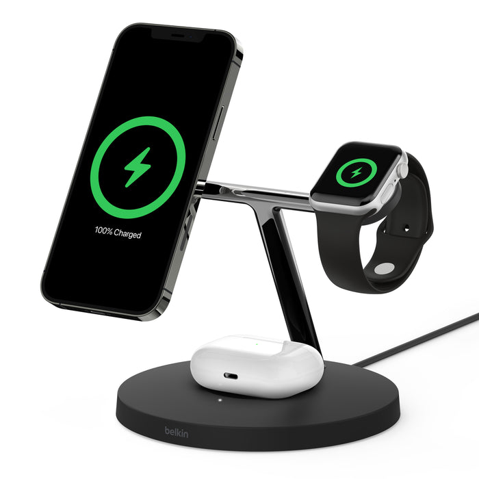 This is the Belkin 3-in-1 Wireless Charging Stand in black, designed for MagSafe-enabled iPhones, Apple Watches, and AirPods. It offers fast and convenient charging for all three devices simultaneously, featuring a modern and sleek design.