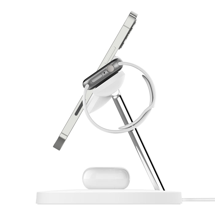 This sleek multi-device charging stand supports simultaneous charging of a smartphone, smartwatch, and earbuds, combining modern design with functionality.