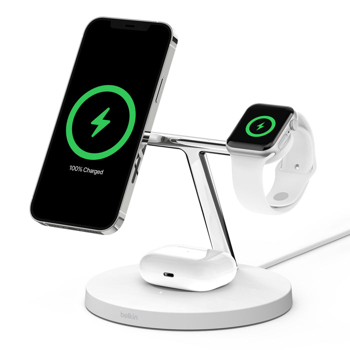 The Belkin 3-in-1 Wireless Charger powers your iPhone, Apple Watch, and AirPods simultaneously with an elegant and efficient design.