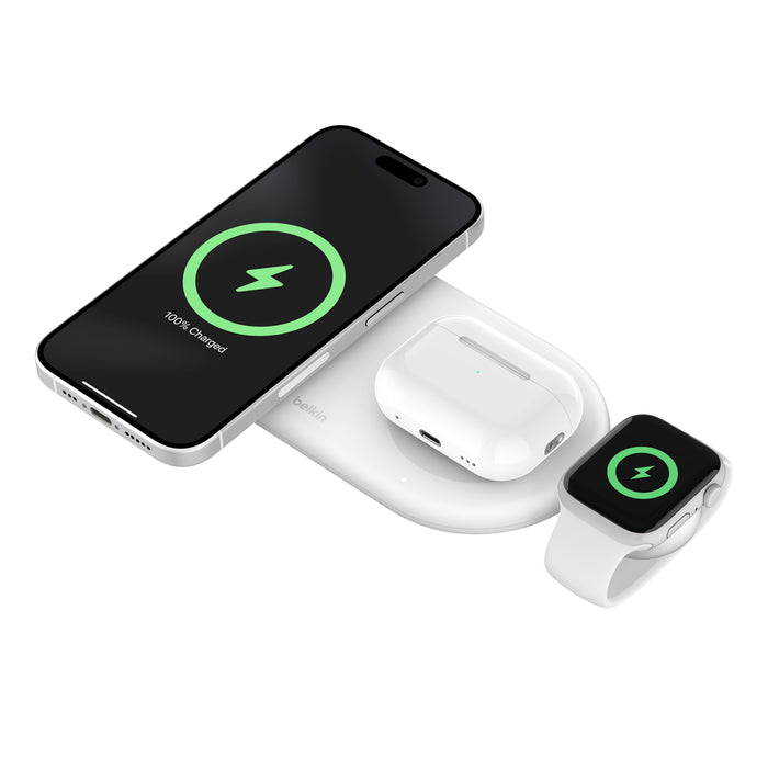 Belkin 3-in-1 wireless charging pad for iPhone, AirPods, and Apple Watch, offering fast and convenient charging for multiple devices simultaneously.