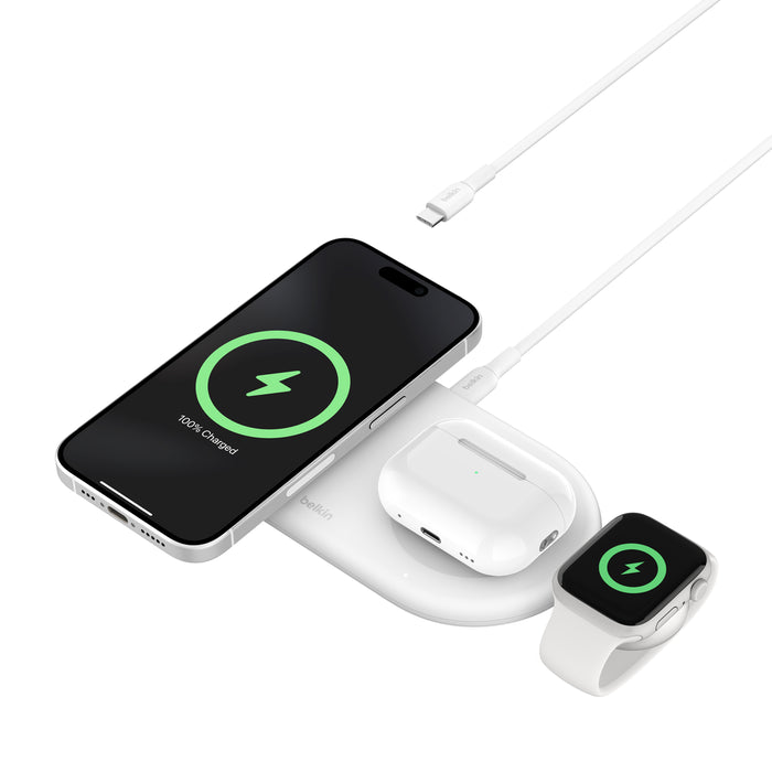 Belkin 3-in-1 wireless charging station for iPhone, AirPods, and Apple Watch with USB-C cable, providing fast and efficient multi-device charging.