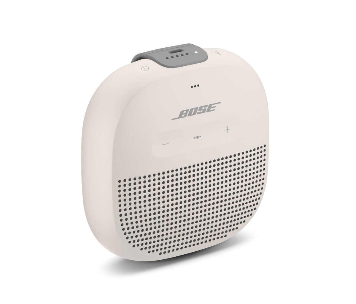 Bose SoundLink Micro Bluetooth speaker in white, side angle view, showcasing durable build and waterproof design for outdoor use.