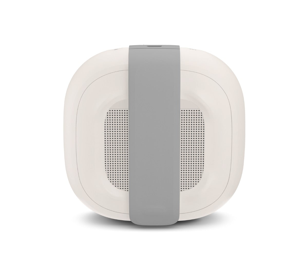 Bose SoundLink Micro Bluetooth speaker in white, rear view showcasing the tear-resistant strap for easy portability.