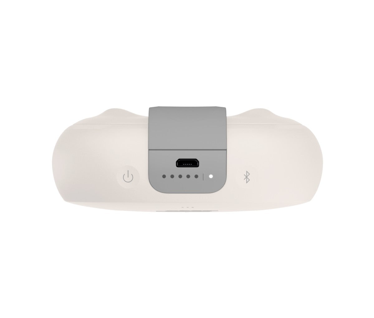 Bose SoundLink Micro Bluetooth speaker in white, top view showing power button, charging port, and Bluetooth indicator.