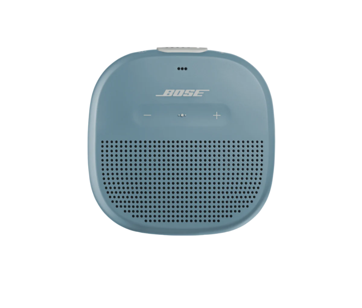 Bose SoundLink Micro Bluetooth speaker in blue, front view displaying control buttons and compact speaker grill design.